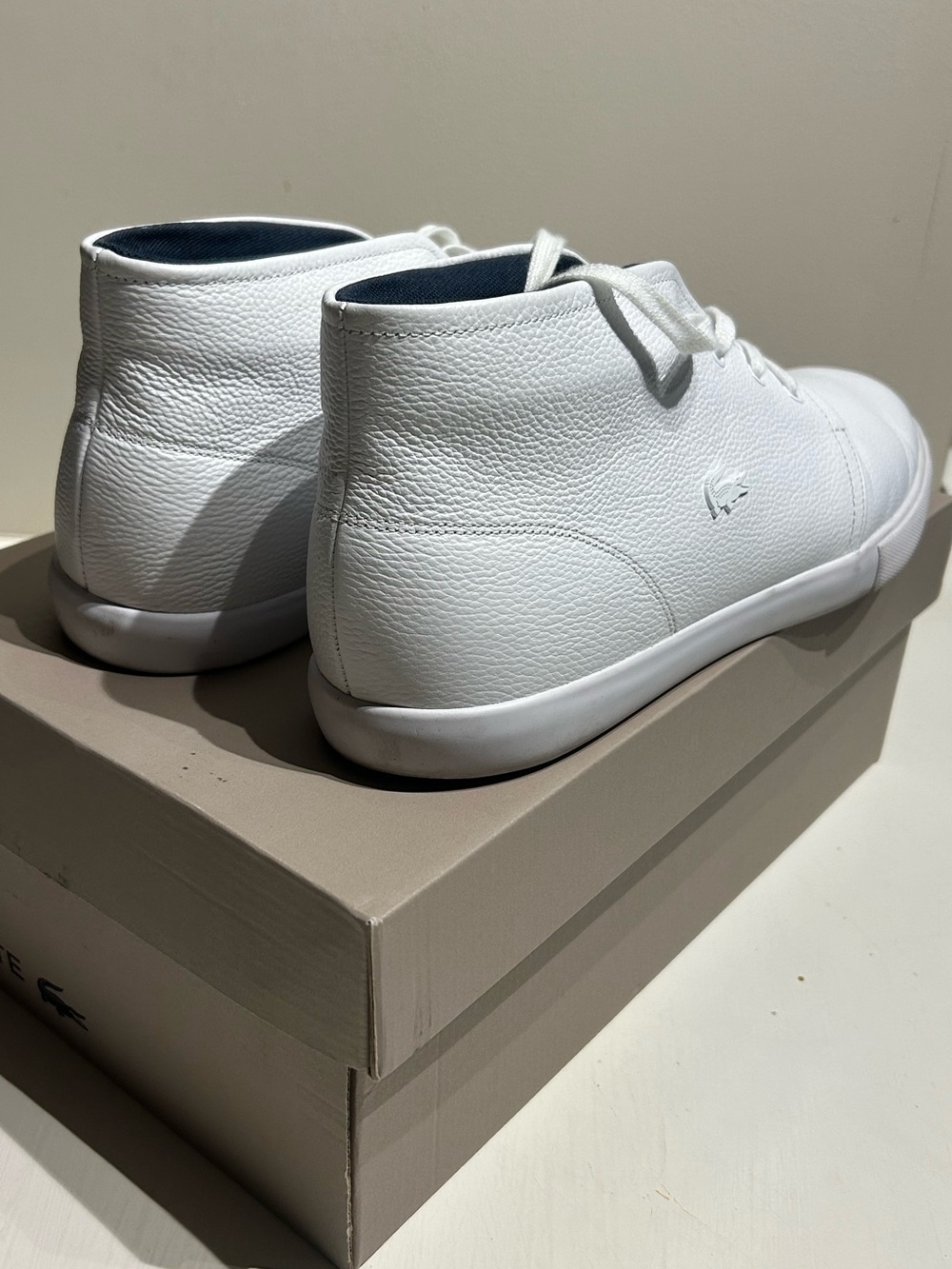 Men’s Lacoste White Leather Mid-Top Sneakers, Size 13